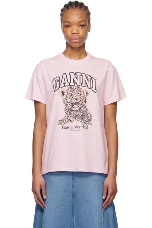 Ganni T-shirt décontracté rose en jersey à image de léopardeau