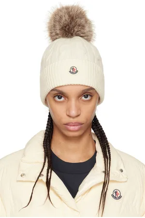 Moncler Bonnet blanc cassé en laine et cachemire à pompon
