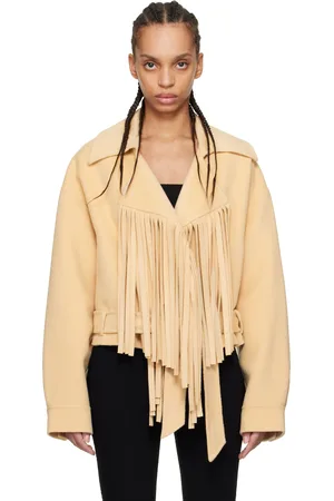 Nanushka Blouson Ticia beige en étoffe double face de laine à franges