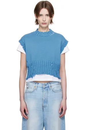 Marni Pull sans manches bleu en coton à col ras du cou