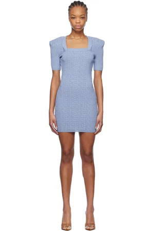 Balmain Robe courte bleue à motif à logos et à fils métalliques