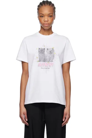 Ganni T-shirt décontracté blanc en jersey à image de chatons