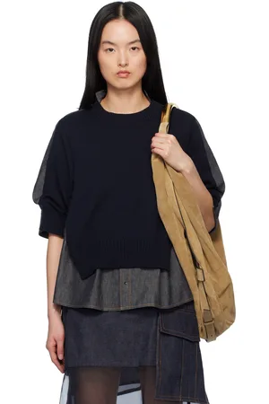 SACAI Pull indigo en denim et en tricot à panneaux