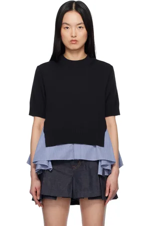 SACAI Pull bleu marine et bleu en tricot et en popeline de coton