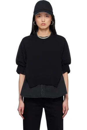 SACAI Pull noir en denim et en tricot à panneaux