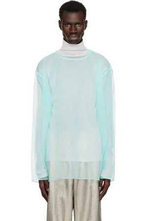 DRIES VAN NOTEN Haut bleu en organza transparent à col ras du cou