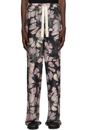 DRIES VAN NOTEN Pantalon cargo gris et rose en soie à cordon coulissant