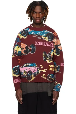 SACAI Pull bourgogne en tricot à motif de course automobile imprimé