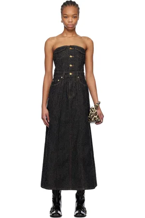 Ganni Robe longue noire en denim aiguilleté à corsage