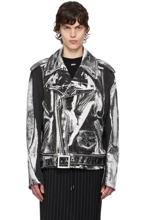 Jean Paul Gaultier Blouson Perfecto noir et blanc en denim à image trompe l