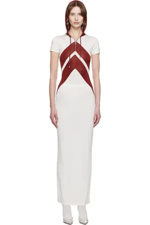 Jean Paul Gaultier Robe longue blanc et bourgogne à motif chevronné