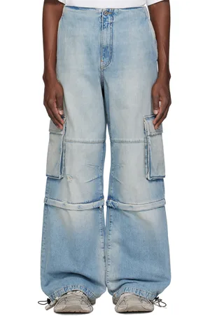 We11 Done Pantalon cargo bleu en denim à effet délavé et à fermeture à glissière aux genoux