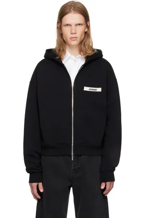 Jacquemus Pull à capuche noir à glissière et à écusson en gros-grain - La casa