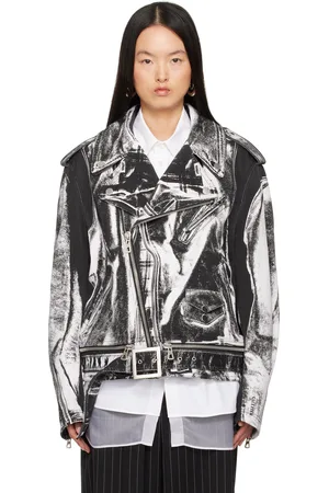 Jean Paul Gaultier Blouson Perfecto noir et blanc en denim à image trompe l
