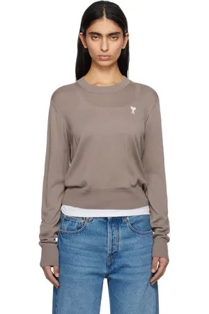 Ami Pull taupe en laine à logo Ami de cœur et à col ras du cou