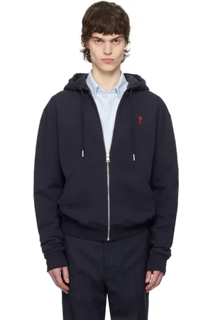 Ami Pull à capuche bleu marine en coton à logo Ami de cœur et à glissière