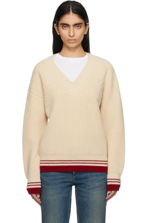 Ami Pull beige en tricot côtelé de laine à col en V