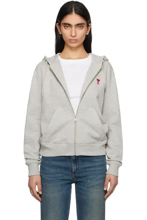 Ami Pull à capuche gris en coton à logo Ami de cœur et à glissière