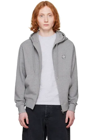 Maison Kitsuné Pull à capuche décontracté gris à glissière et à écusson de logo de renard