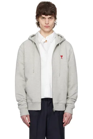 Ami Pull à capuche gris en coton à logo Ami de cœur et à glissière