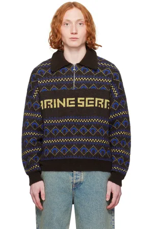 Marine Serre Pull brun à logos en jacquard et à col ras du cou