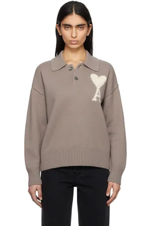 Ami Polo taupe en laine à logo Ami de cœur