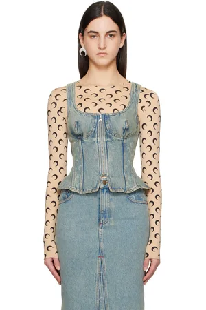 Marine Serre Débardeur de style corset bleu en denim à motif à logos imprimé au laser