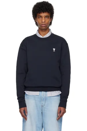 Ami Pull molletonné bleu marine en coton à logo Ami de cœur