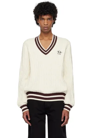 Fred Perry Pull de tennis blanc cassé en tricot câblé