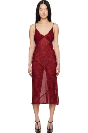 DRIES VAN NOTEN Robe midi rouge à motif fleuri imprimé