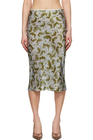 DRIES VAN NOTEN Jupe midi bleu et vert en soie à motif imprimé