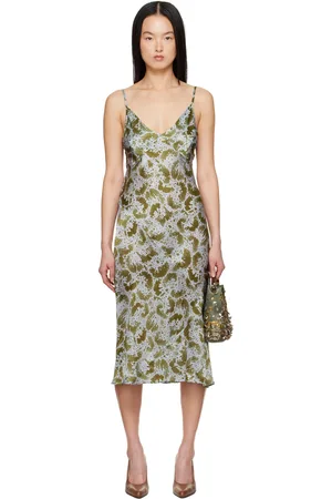 DRIES VAN NOTEN Robe midi à enfiler bleu et vert en soie