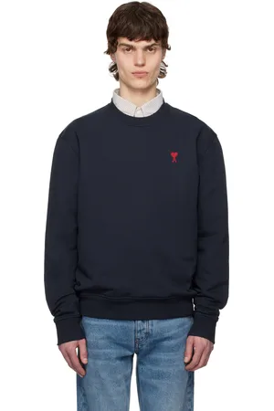 Ami Pull molletonné bleu marine en coton à logo Ami de cœur