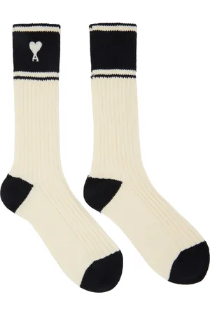 Ami Chaussettes blanc cassé en coton à logo Ami de cœur et à rayures