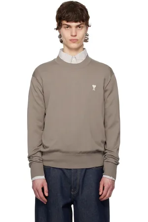 Ami Pull taupe en laine à logo Ami de cœur et à col ras du cou