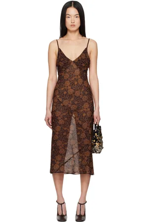 DRIES VAN NOTEN Robe midi brune à motif fleuri imprimé