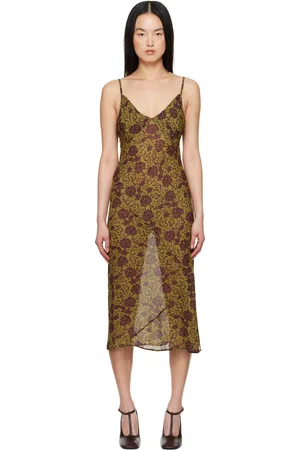 DRIES VAN NOTEN Robe midi kaki et bourgogne à motif fleuri imprimé