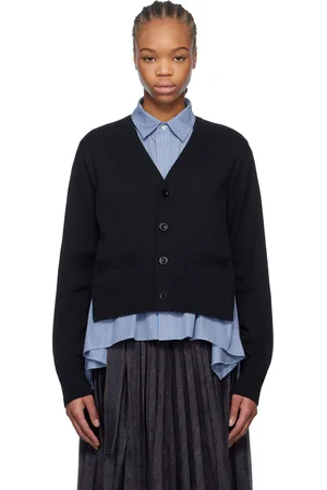 SACAI Cardigan bleu marine en popeline et en tricot