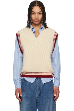 Ami Gilet beige en tricot côtelé de laine à col en V