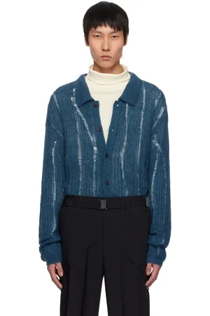 YOKE Cardigan bleu en soie et mohair kid à boutons