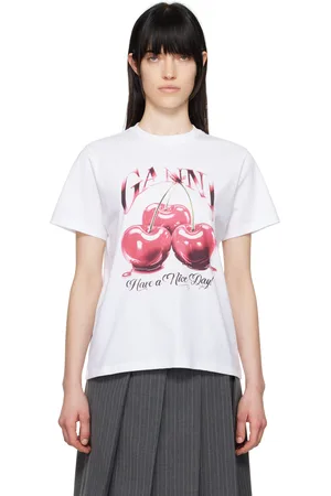 Ganni T-shirt décontracté blanc en jersey à image de cerises