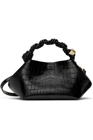 Ganni Petit sac noir en cuir verni gaufré façon croco à logo - Bou