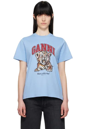 Ganni T-shirt décontracté bleu en jersey à image de tigre