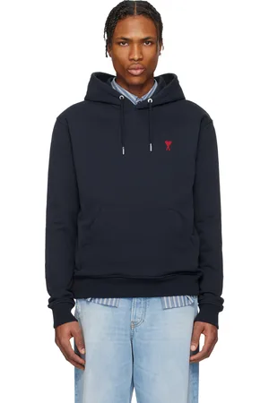 Ami Pull à capuche bleu marine en coton à logo Ami de cœur