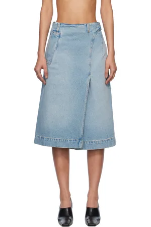 Victoria Beckham Jupe midi bleue en denim à assemblage portefeuille décoratif