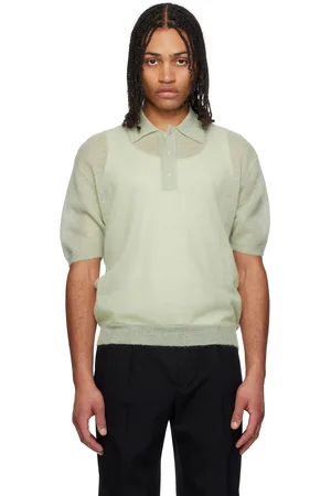 Auralee Polo vert en tricot semi-transparent de mohair kid