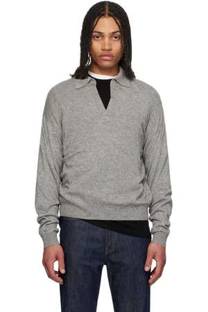 Auralee Polo gris en tricot à col italien ouvert