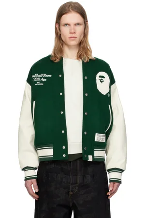 BAPE Blouson aviateur de style teddy vert et blanc à logos