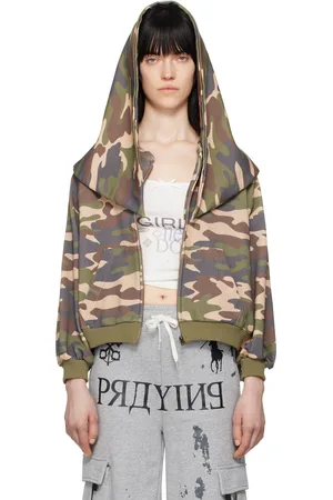 Praying Pull kaki à motif camouflage, à glissière et à capuche modifiée