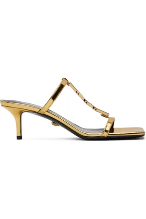 VERSACE Sandales à talon dorées en cuir verni